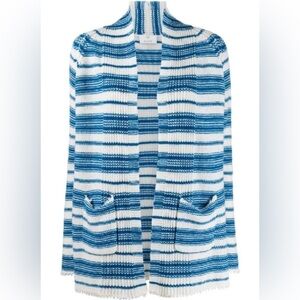 Allude 100% Cashmere Cardigan Blue and White Striped Long Line Open Size Large